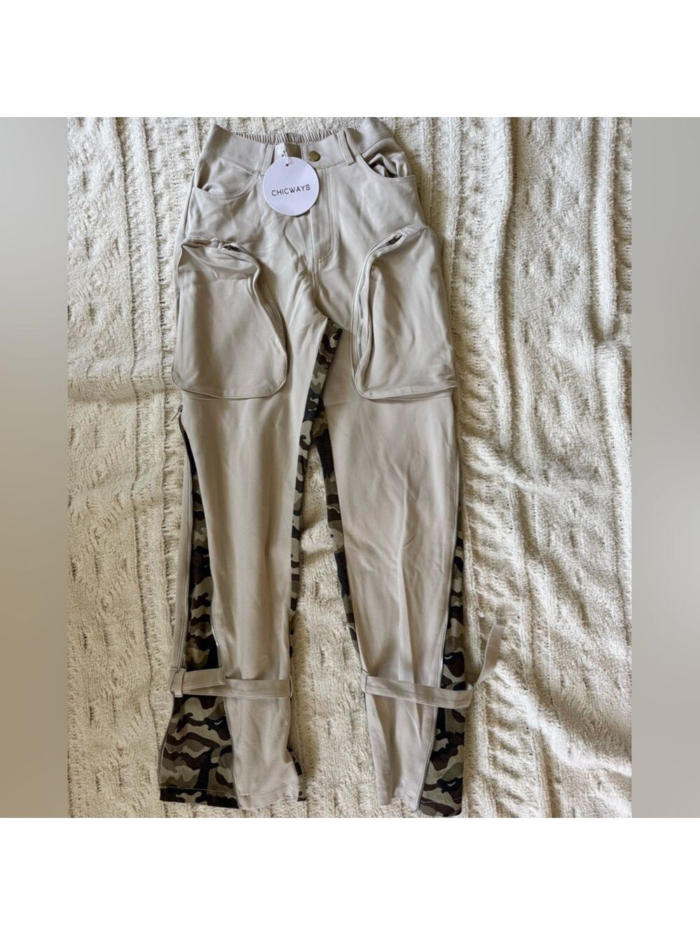 Chicways Beige Army Camo Print Trousers Size Small Women’s Stylish Casual Pants - Picture 4 of 10